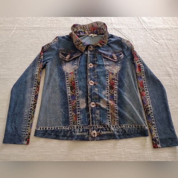 John Mark Tops - John Mark Top Womens Sz S Sheer Mesh Faux Denim Jacket Full Zip Trompe L’oeil